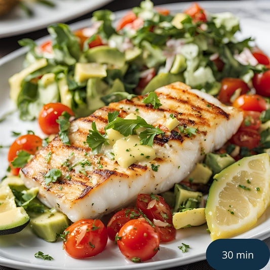 Grillad Torskrygg med Citronsmörsås och Tomat- och Avokadosallad