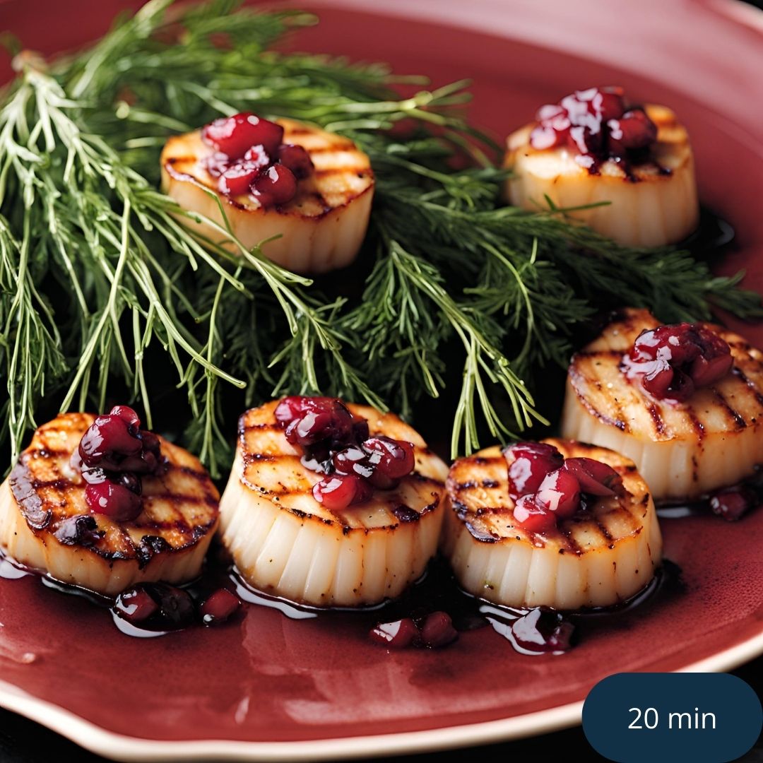 Grillade Pilgrimsmusslor med Hjortronsås och Färsk Dill