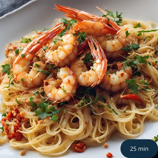 Stekta Tigerräkor med vitlök och Chili på Pasta