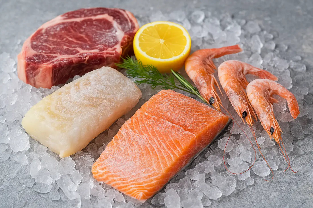 Färskfryst fisk, skaldjur och kött med frost och is som visar hög kvalitet och bevarad näring