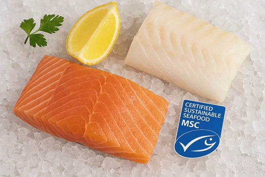 MSC-märkt lax- och torskfilé med citron och persilja på is – symbol för hållbart fiske