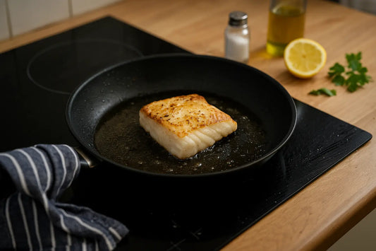 Torsk som steks i smör i ett hemmakök - ett enkelt och klassiskt sätt att tillaga fisk till perfektion.