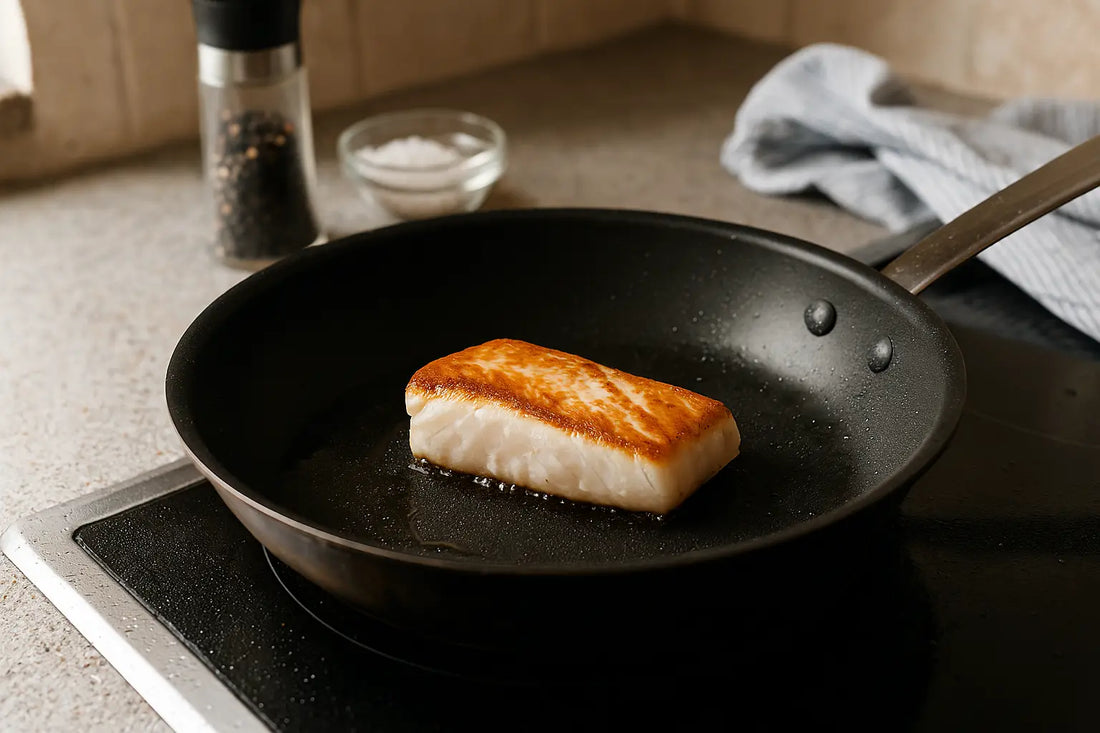 Torskrygg som steks i panna i ett hemmakök, fotograferad i naturligt ljus - visar hur man lagar fisk på rätt sätt.