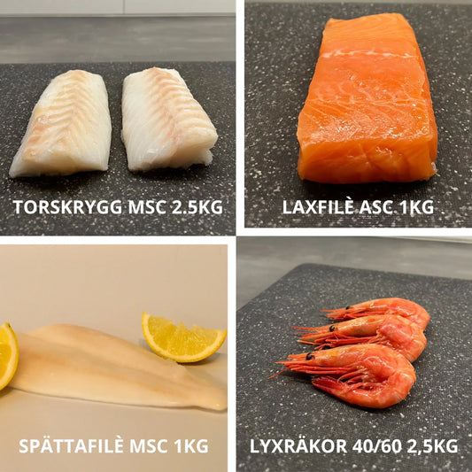 Familjelåda med 2,5 kg MSC-märkt torskrygg, 2,5 kg laxfilé, 2,5 kg spätta och 2,5 kg lyxräkor XXL, 40/60 storlek.