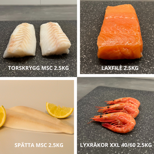 Familjelåda med 2,5 kg MSC-märkt torskrygg, 2,5 kg laxfilé, 2,5 kg spätta och 2,5 kg lyxräkor XXL