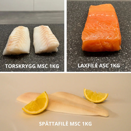 Prova-på-låda med 1 kg MSC-märkt torskrygg, 1 kg laxfilé och 1 kg spätta.