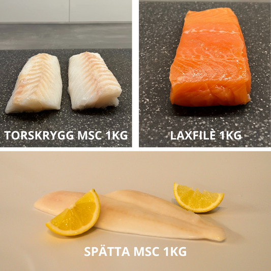 Prova-på-låda med 1 kg MSC-märkt torskrygg, 1 kg laxfilé och 1 kg spätta