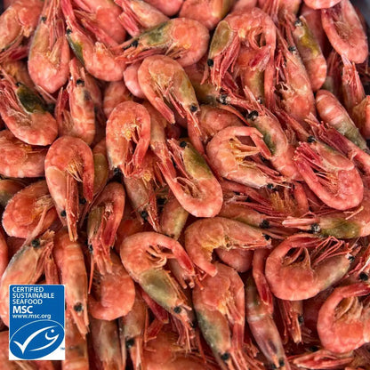 Närbild på MSC-märkta räkor 70/90 med skal – hållbart fiskade i Barents hav från FDELI.