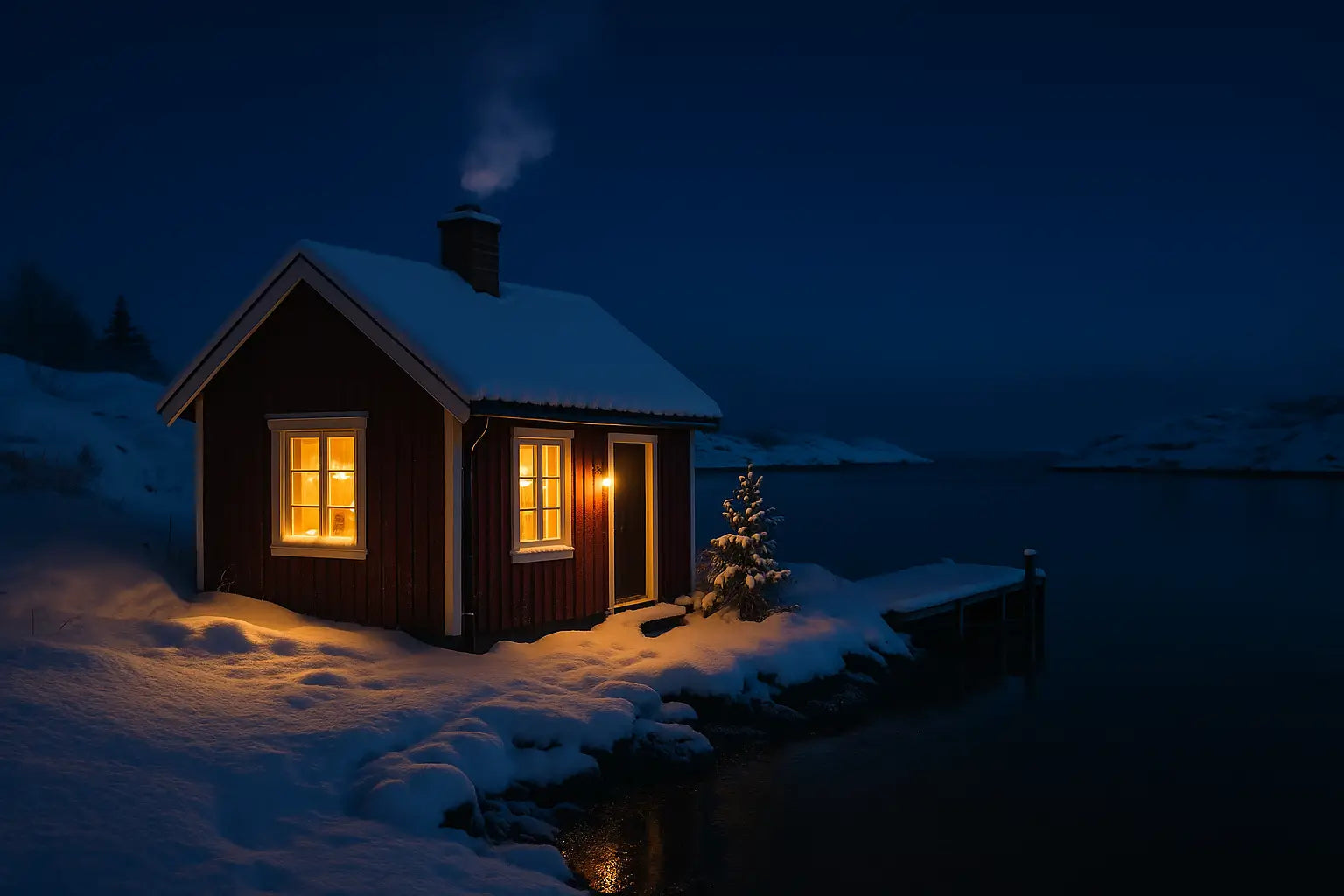 Röda sjöbodar och små hus lyser upp en stilla vinterkväll vid den svenska kusten, med snö på taken och reflektioner i det mörka vattnet.